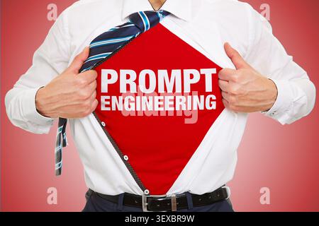 Businessman revealing the words Prompt Engineering beneath his shirt, representing the concept of training language models for business Stock Photo