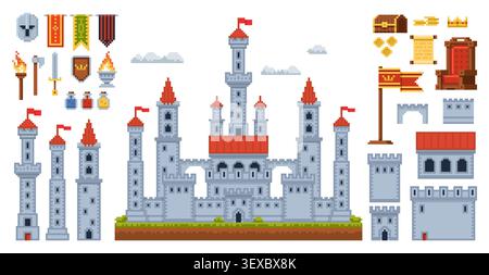 Pixel medieval castle assets. Fantasy towers with flag banners, weapons and fortress elements for rpg and platformer games, architecture elements Stock Vector