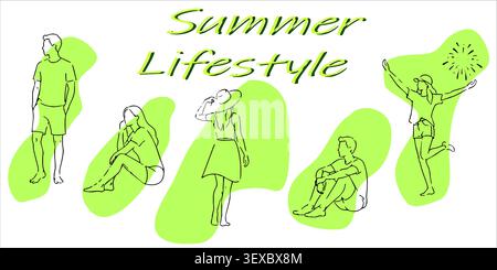 Minimalist One Line People Collection with Summer Lifestyle, Activities and Urban Elements Stock Vector