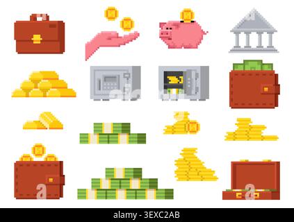 Pixel finance and banking icons. Retro 8 bit style, money, gold coins, cash stacks and wallets, safe for fintech and apps, bank building and briefcase Stock Vector