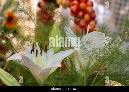 Elegant white lily blossoms surrounded by delicate green foliage at a traditional summer market, creating a fresh floral composition with soft natural Stock Photo