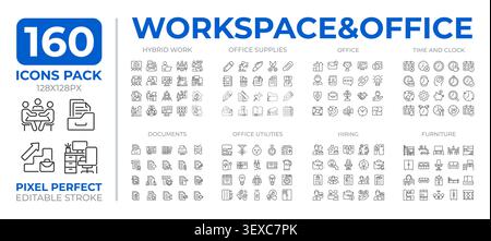 Office workspace line icons set collection Stock Vector