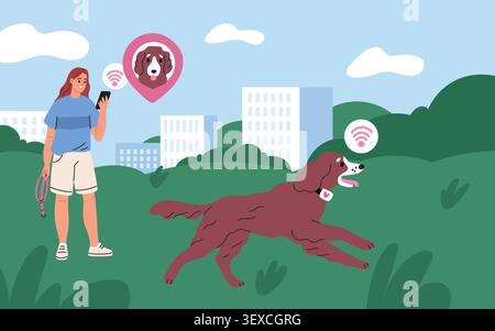 Pet gps tracking. Smart collar and mobile application, woman sees dog location outdoors, using modern pet technology, smartphone wireless signal Stock Vector