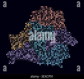 Belarus, shape of the country built of colored cells. Digital style map of Belarus on a dark background. Small size rounded square blocks. Stock Vector