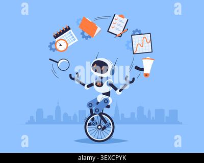 Multitasking ai assistant. Daily business tasks, smart robot managing schedule, analytics and productivity workflow, planning, search, communication Stock Vector