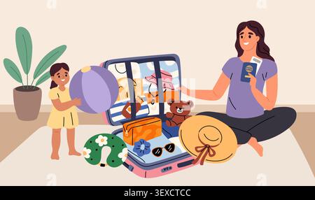 Mother and child packing suitcase. Family vacation, summer travel preparation, tourism, luggage and holiday trip, mom with kid organized trip planning Stock Vector