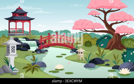 Japanese garden landscape. Sakura tree, red bridge, pagoda and koi pond, traditional zen park scenery in asian style, background design, architecture Stock Vector