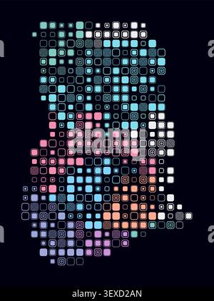 Ghana, shape of the country built of colored cells. Digital style map of Ghana on dark background. Large size rounded square blocks. Stock Vector