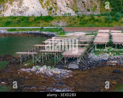 Aerial view of drying racks for traditional food products arranged in ...