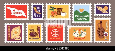 Georgia travel postage stamps. Traditional food, wine, khinkali, khachapuri, national culture, cartoon cuisine elements, map, flag elements and Stock Vector