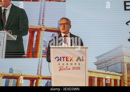 Berlin, Berlin, Germany. 30th June, 2026. Karsten Wildberger, German Federal Minister for Digital Transformation and Government Modernisation, speaks during the opening program of GITEX AI Europe in Berlin, Germany, on Tuesday, June 30, 2026. Wildberger addressed the role of infrastructure and industrial capacity in Europes push to expand artificial intelligence capabilities. (Credit Image: © Michael Kuenne/PRESSCOV via ZUMA Press Wire) EDITORIAL USAGE ONLY! Not for Commercial USAGE! Stock Photo