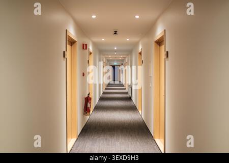 Interior empty hallway in contemporary hotel featuiring carpet floor, symmetrical wooden doors, lighting and safety equipment Stock Photo