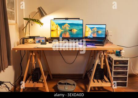 Cozy stylish home office featuring wooden desk, ergonomic chair, monitor, laptop storage, plant and ambience lighting, Perfect for productivity and co Stock Photo