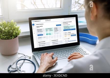 Female doctor using medical AI assistant on laptop computer in clinic office. modern medicine Stock Photo