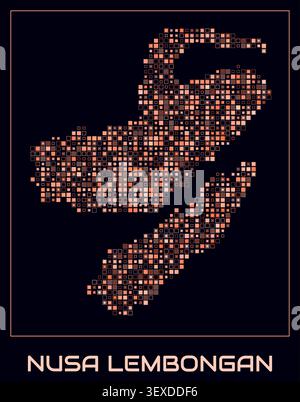 Nusa Lembongan digital style map. Small square dots on dark background. Dotted shape of the island. Nusa Lembongan map and title. Stock Vector