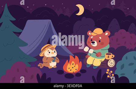 Animals in camping. Night forest adventures, bear and owl near campfire, hot chocolate with fried marshmallows, tent, hiking and recreation garish Stock Vector