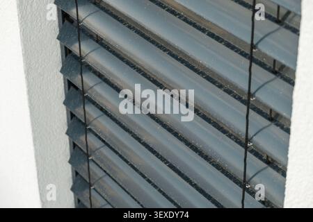 Adjustable aluminum blinds positioned within a window frame, offering customizable light filtration. The sleek design features horizontal slats with a muted gray finish, enhancing the modern aesthetic.  Stock Photo