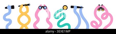 Long colorful hands hold binoculars. Funny search and visual discovery elements, abstract arms with telescope and magnifier in modern trendy, garish Stock Vector