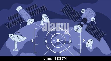 Global satellite communication. Futuristic space technology, radar antennas, orbital network connection around earth in space, navigation systems Stock Vector