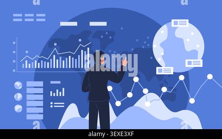 Global business analytics dashboard. Data visualization, financial charts, kpi metrics, market research monitoring for strategic decision, monitoring Stock Vector