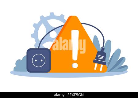 Electrical hazard and power outage warning. Plug and socket with alert sign, electrical safety, energy failure and technical issue, maintenance Stock Vector