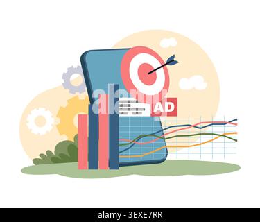 Digital marketing analytics. Targeted advertising, kpi charts, audience targeting, campaign performance, business strategy, optimization and data Stock Vector
