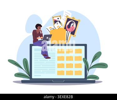 Digital file management and cloud archive. User organizing documents, photos and records in online storage system, sorting and accessing files online Stock Vector