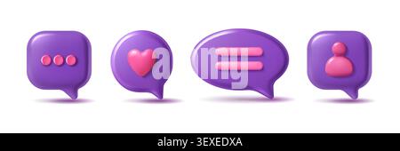 3d speech bubble icon. Social media apps dialogue signs, new follower, like, talk and message, cartoon rendered bright elements, interface elements Stock Vector