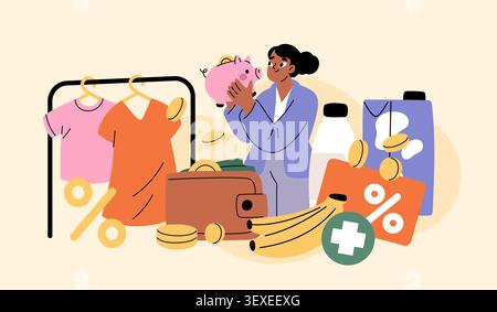 Smart shopping and budgeting. Woman saving money with discounts, groceries, second hand, mindful spending lifestyle, personal finance planning banner Stock Vector