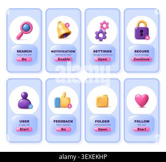 Mobile app ui screens 3d icons. Cartoon phone application asset, app navigation and notification panels, messages, search bar, settings, buttons, tags Stock Vector