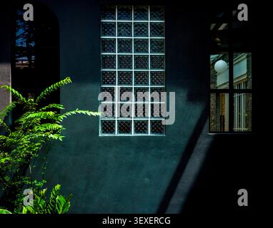 Modern architectural facade featuring a textured dark teal wall, geometric glass block window, and dramatic sunlight shadows with green foliage. Stock Photo