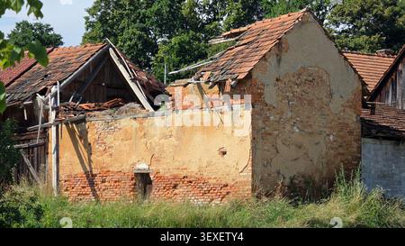 An old derelict structure features damaged orange clay roof tiles, exposed brickwork, and peeling stucco surrounded by overgrown wild grass and green Stock Photo