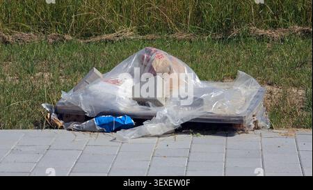 A wooden pallet holds bags of cement and concrete blocks protected under a transparent plastic tarp next to a paved stone walkway and a grassy field a Stock Photo
