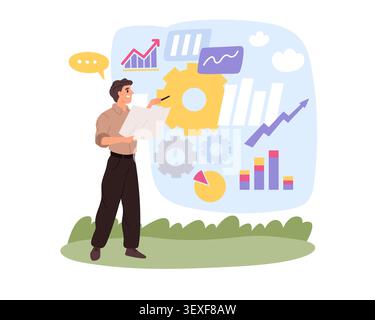 Business analytics. Performance management, male manager presenting kpi dashboard, growth charts, financial metrics, process optimization, data Stock Vector