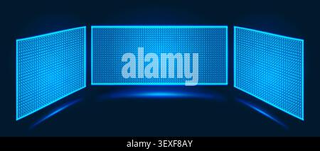 Glowing blue neon panel with halftone circle matrix and luminous grid creating modern electronic display for virtual reality and futuristic designs Stock Vector