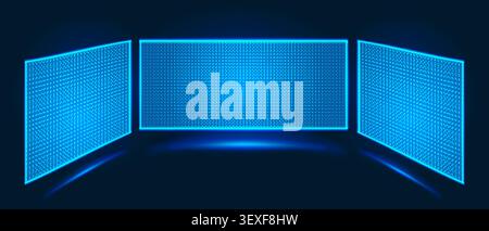 Glowing blue neon panel with halftone circle matrix and luminous grid creating modern electronic display for virtual reality and futuristic designs Stock Vector