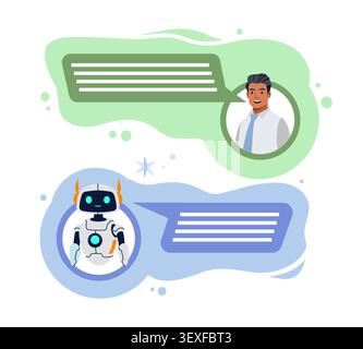 AI chatbot and human communication. Conversational interface, virtual assistant, customer support and automated messaging, online robotic help service Stock Vector