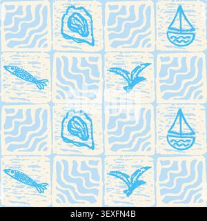 Amalfi style tile seamless pattern with nautical elements - fish, boat, oyster and seagull. Retro square background. Coastal stylized Italian majolica Stock Vector