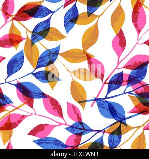 Vector seamless pattern with hand drawn colorful autumn leaves and branches. Fall watercolor background. Modern abstract nature foliage illustration. Stock Vector