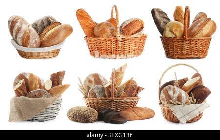 Bread in wicker baskets isolated on white, set Stock Photo