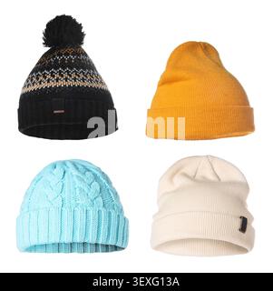 Different knitted hats isolated on white, set Stock Photo
