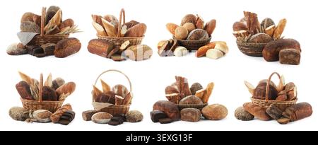 Bread in wicker baskets isolated on white, set Stock Photo