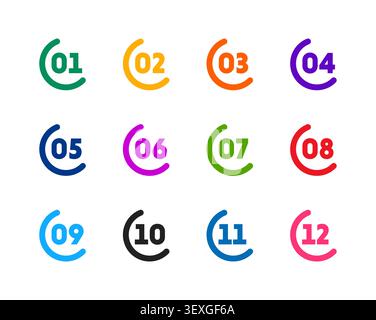 Colorful Sequential Number Icons 1 to 12 Vector Set Stock Vector