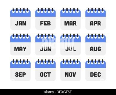 Full Year 12 Months Blue Calendar Icons Set Vector Stock Vector