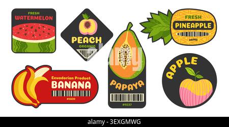 Cartoon fruit label set. Colorful organic fresh badges with barcode for supermarket and farm shop, grocery store. Retro groovy sticker design. Vector illustration collection Stock Vector