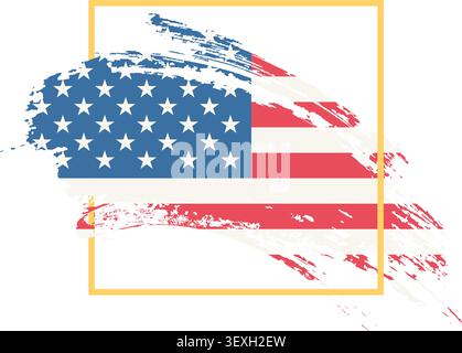 A dynamic and contemporary interpretation of the American flag created with energetic brush stroke textures, where bold sweeping strokes of blue, red, and white form the iconic stars and stripes pattern, extending playfully beyond a clean golden yellow frame. The combination of expressive paint texture with a structured geometric border gives the design a modern artistic edge, balancing patriotic tradition with creative freedom. Set against a crisp white background, this versatile graphic is ideal for Independence Day and Fourth of July promotions, election and political campaign materials, pa Stock Vector