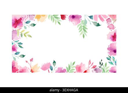 Rectangular frame postcard with watercolor flowers . Hand drawn. Not AI, vector illustration. Stock Vector