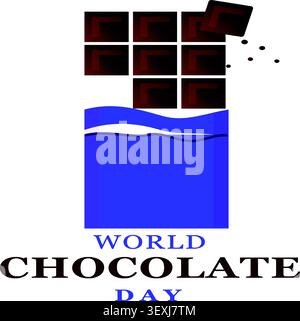 Graphic illustration for World Chocolate Day featuring a chocolate bar with some squares broken off from its blue wrapper. Stock Vector