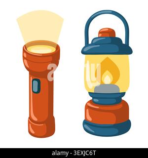 Flashlight and camping lantern set. Cartoon vector isolated illustration on white background. Stock Vector