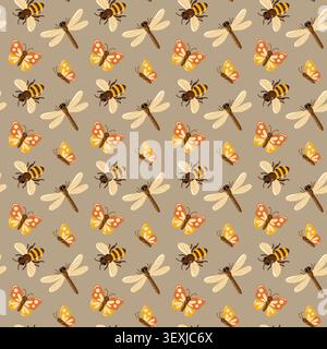 Bee dragonfly and butterfly seamless pattern on taupe background. Cartoon vector repeat print. Stock Vector